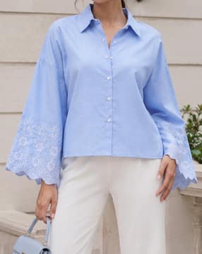 Shein Women Contrast Floral Embroidered Bell Sleeve Shirt-picture-15