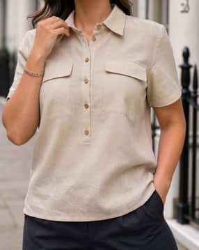 Shein Women Short Sleeve Half Buttoned Shirt With Pockets-image-9