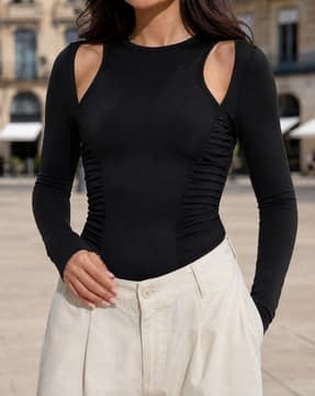 Shein Shein Women Full Sleeve Side Ruched Shoulder Cut-Out Leotard Top
