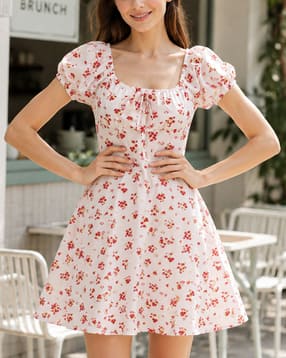 Shein Women Square Neck Puff Sleeve Floral Mini Skater Dress-picture-23