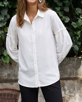Shein Spread Collar Ruffle Sleeve Detail Long Shirt-picture-28