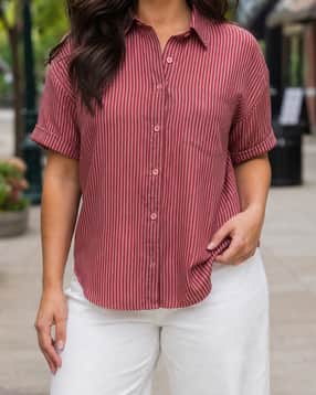 Shein Women Spread Collar Striped Shirt With Pocket-picture-34