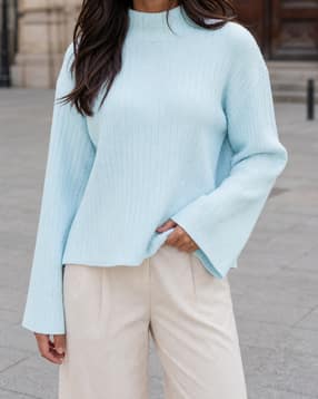 Shein Women High Neck Bell Sleeve Ribbed Pullover-image-14
