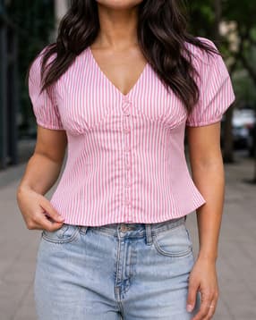 Shein Women Puff Sleeve Front Pleated Striped Top-picture-14