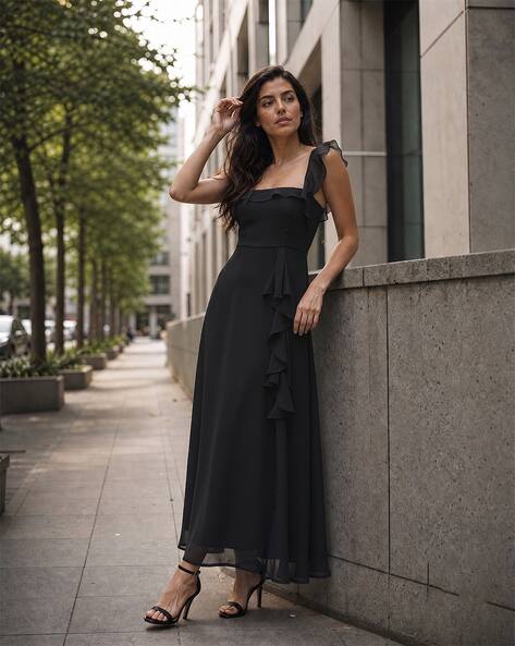 shein mock neck gathered sleeve layered ruffle detail dress Buy Black Dresses for Women by Online Levante2011