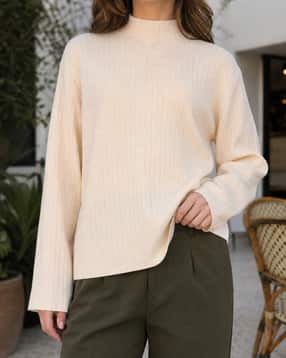 Shein Women High Neck Bell Sleeve Ribbed Pullover-image-12