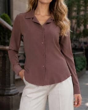 Shein Women Lapel Collar Cuffed Sleeve Lace-Up Back Fitted Shirt-picture-18