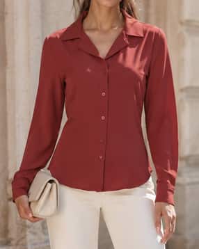 Shein Women Lapel Collar Cuffed Sleeve Lace-Up Back Fitted Shirt-picture-19