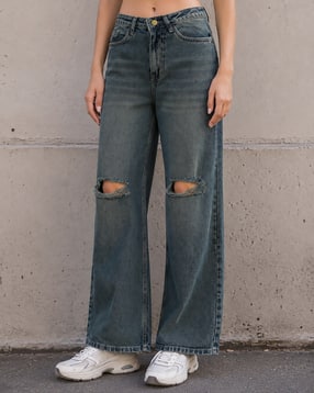 Shein Women Full Length Knee Slit Mid Wash Jeans-image-21