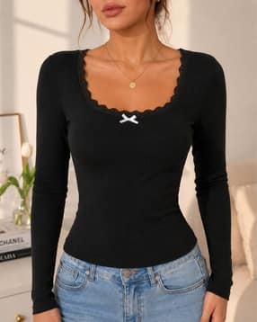 Shein Women Full Sleeve Bow Detail Textured Lace Trim Top-picture-11