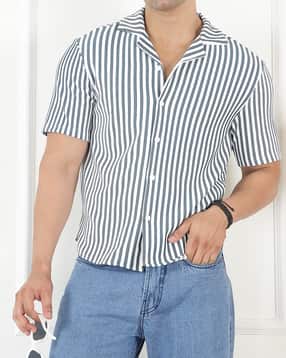 Shein Men Cuban Collar Short Sleeve Striped Shirt-picture-43