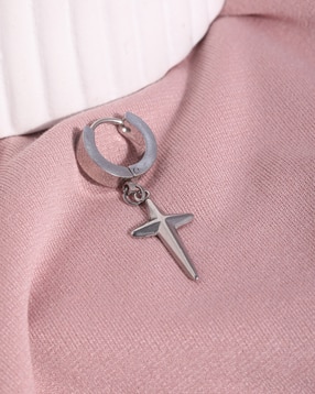 Shein Men Silver Cross Charm Detail Hoop Earring-picture-18