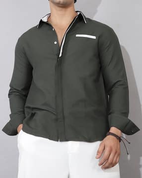 Shein Men Spread Collar Full Sleeve Contrast Trim Shirt-picture-19