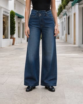 Shein Women Full Length Asymmetrical Waist Mid Wash Jeans-image-26