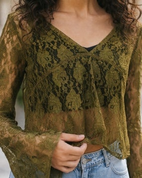 Shein Bell Sleeve Panelled Floral Lace Sheer Short Top-image-10