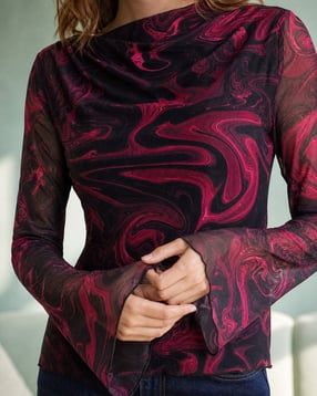 Shein Shein Mock Neck Semi-Sheer Bell Sleeve Abstract Print Top