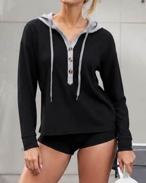 Shein Women Drop Shoulder Half Button Closure Texture Hoodie-picture-44