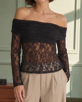 Shein Shein Women Off Shoulder Floral Lace Overlay Detail Sheer Top