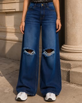 Shein Women Full Length Mid Wash Knee Slit Jeans-picture-27