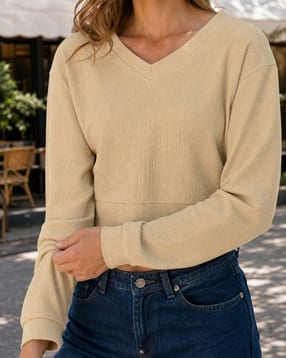 Shein Drop Shoulder V Neck Textured Short Sweatshirt-image-8