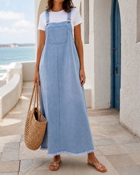 Shein Women Sleeveless Frayed Hem Denim Pinafore Dress-image-8