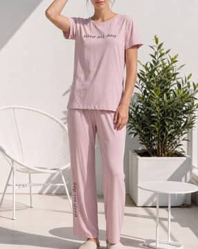 Shein Women Typographic Chest Print Crew Tshirt & Pyjama Set-picture-53