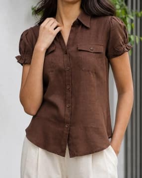 Shein Women Spread Collar Puff Sleeve Shirt With Pocket-picture-23
