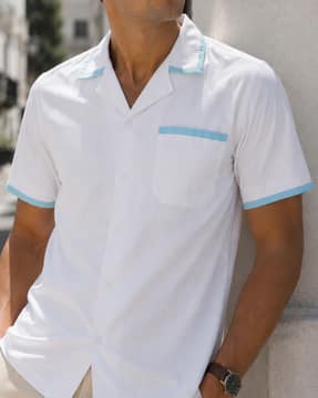 Shein Shein Men Cuban Collar Contrast Trim Short Sleeve Shirt