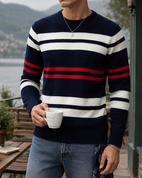 Shein Men Full Sleeve Contrast Striped Crew Neck Pullover