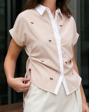 Shein Spread Collar Extended Sleeve Striped Bow Print Shirt-picture-42