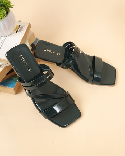 Shein Women Square Toe Multi Strap Slip On Flat Sandals
