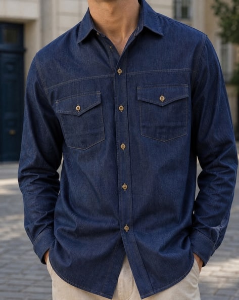 Shein Men Spread Collar Panelled Denim Shirt With Pocket