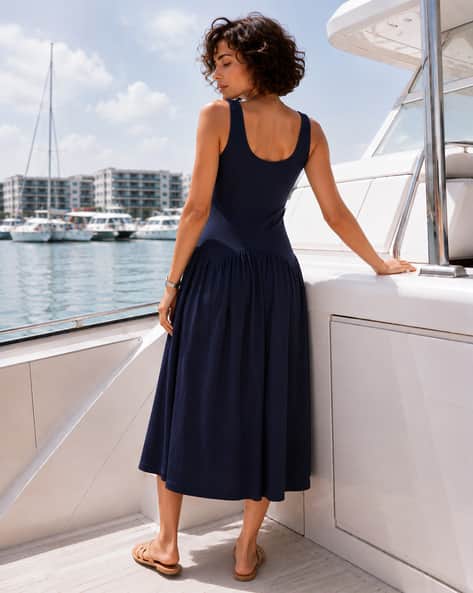Navy Blue Dress Midi Fit And Flare Cocktail Dress Globus Women Teal Round Neck Stylized Back