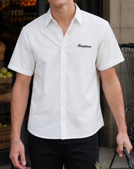Shein Men Spread Collar Typographic Placement Embroidered Shirt