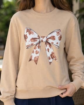 Shein Shein Women Full Sleeve Bow Chest Print Crew Sweatshirt