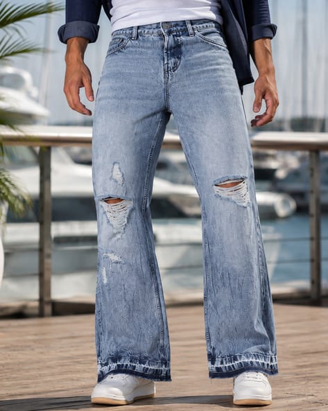 Shein Full Length Raw Hem Mid Wash Distressed Jeans