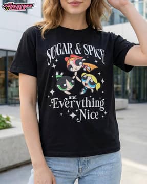 Shein Shein Women Short Sleeve Powerpuff Girls Front Print Crew Tshirt