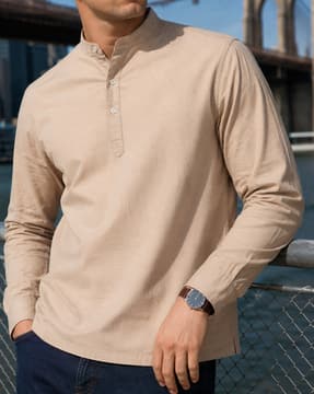Shein Shein Men Mandarin Collar Full Sleeve Half Buttoned Shirt