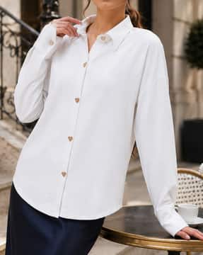 Shein Shein Women Drop Shoulder Heart Shaped Button Textured Shirt