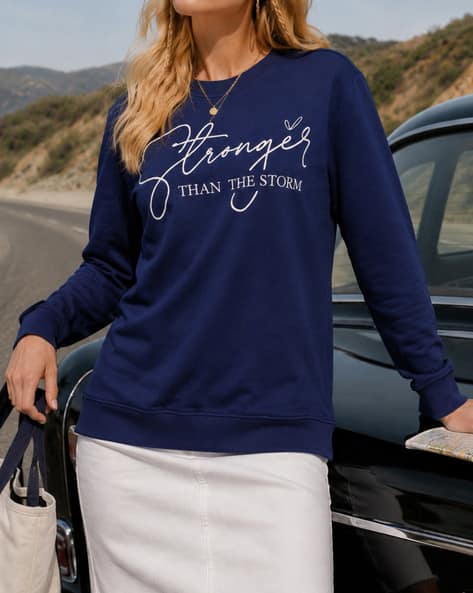 Shein Women Full Sleeve Typographic Chest Print Crew Sweatshirt