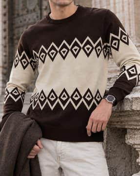 Shein Shein Men Vintage Full Sleeve Geometric Print Crew Pullovers