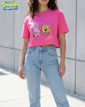Shein Shein Women SpongeBob Square Pants Chest Print Crop Crew Tshirt