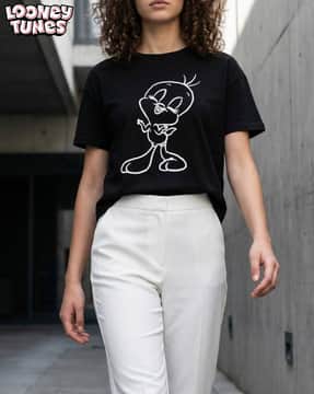 Shein Shein Women Short Sleeve Looney Tunes Chest Print Crew Tshirt