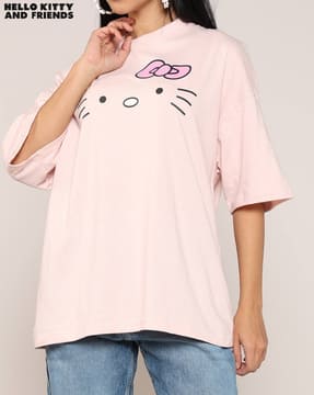 Shein Shein Women Drop Shoulder Hello Kitty Chest Print Crew Tshirt