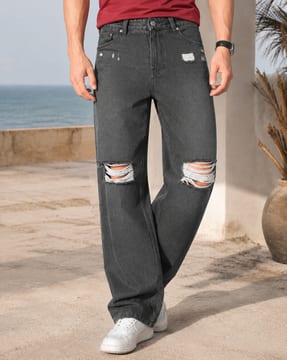 Shein Shein Men Street Fly With Button Closure Mid Wash Distressed Jeans