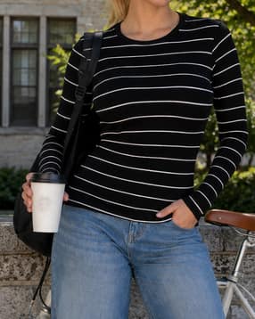 Shein Women Medium Length Full Sleeve Striped Crew Tshirt-picture-10