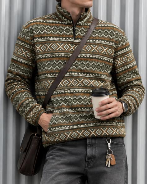 Shein Men Vintage High Neck Tribal Print Half Zip Sweatshirt - Image 1