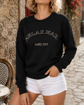Shein Shein Women Full Sleeve Typographic Chest Print Crew Sweatshirt