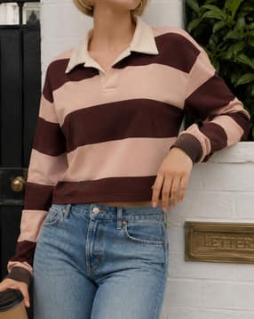 Shein Women Drop Shoulder Colour Blocked Striped Polo Sweatshirt-picture-30