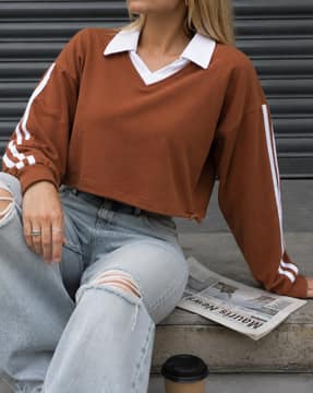 Shein Shein Women Drop Shoulder Contrast Striped Polo Sweatshirt
